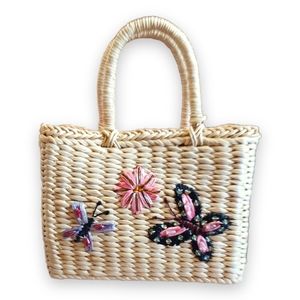 Vintage Cottagecore Straw Woven Handbag Butterfly Flower Embroidered Beaded